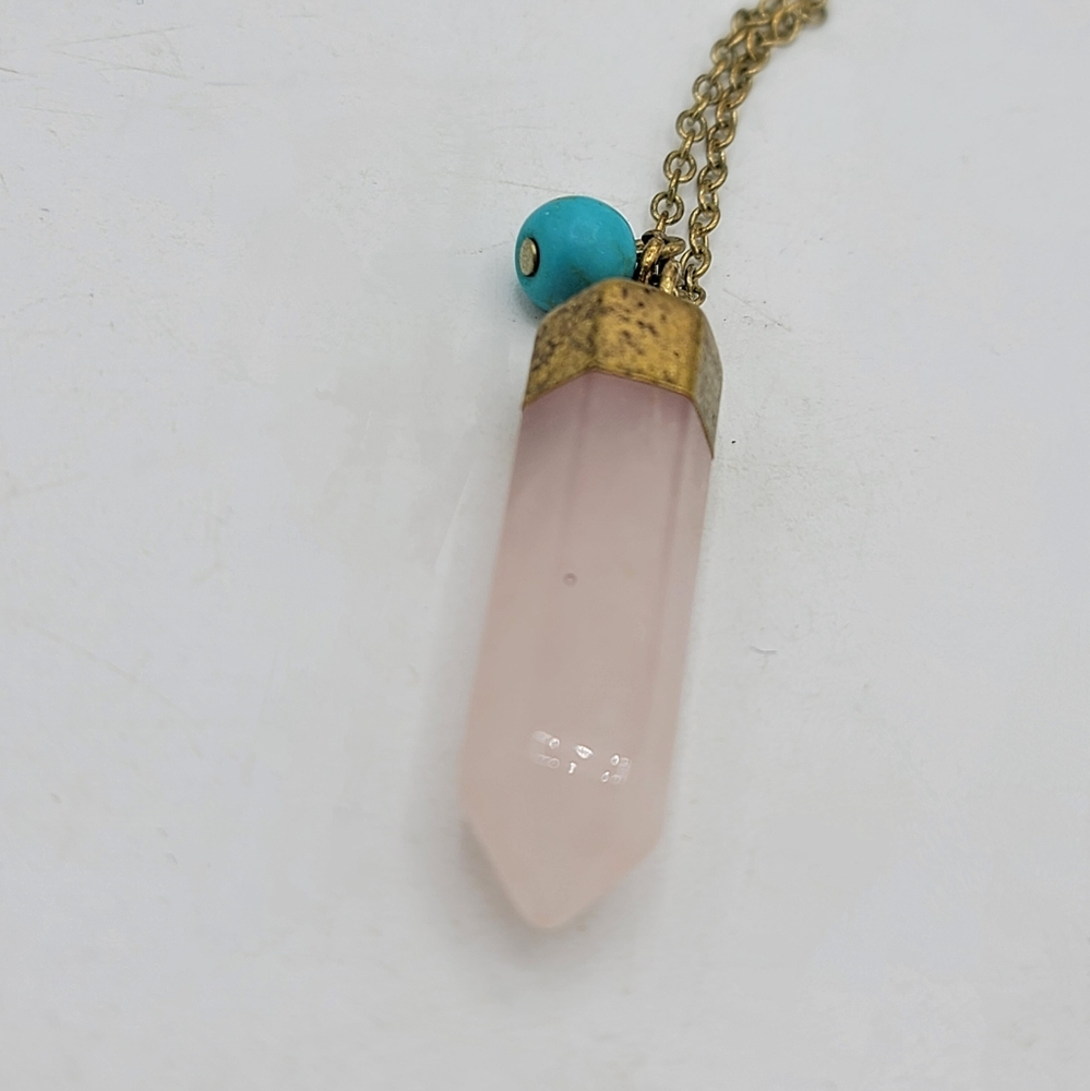 Rose Quartz Point Pendant Necklace Faux Turquoise Bead Brass Tone Chain 17.5"